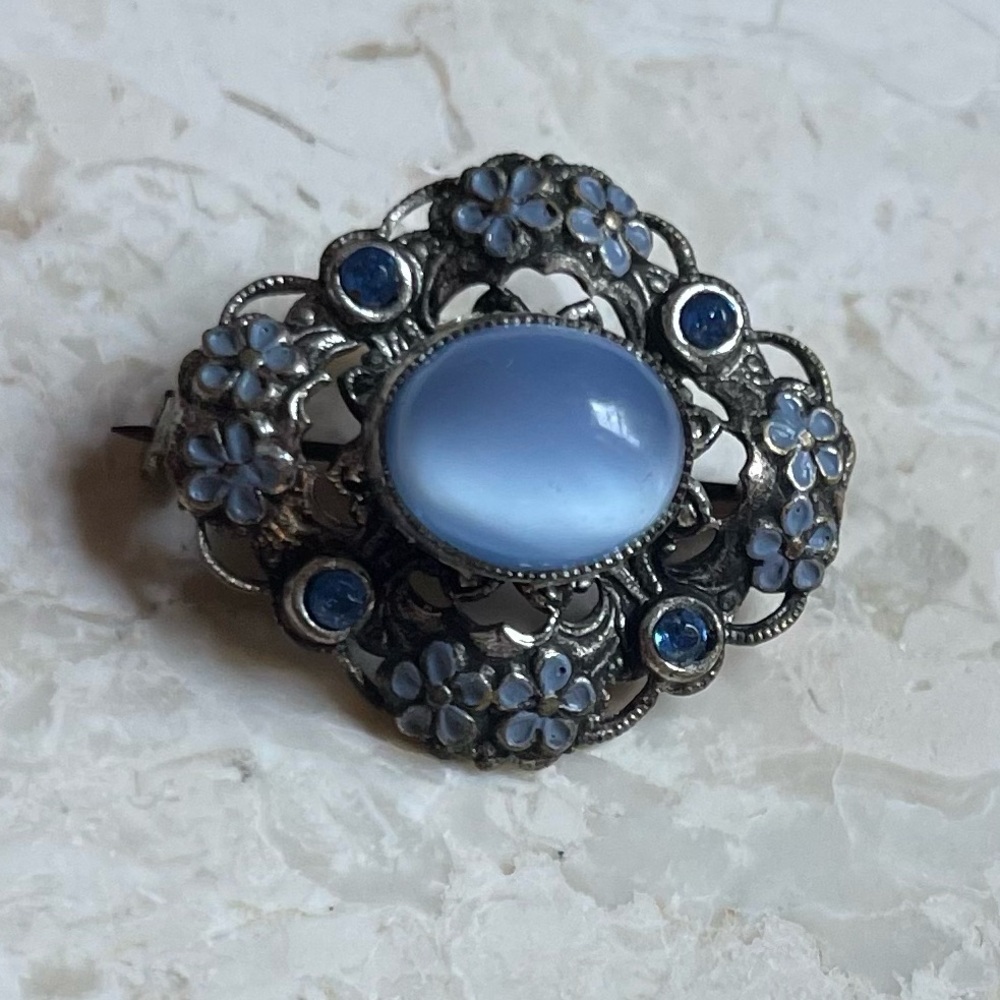 Vintage Antique Czech Purple Blue Stone Brooch Pin